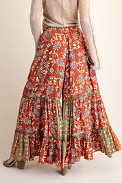 Folk Song Printed Challis Ruffle Bottom Palazzo Pants - Westly