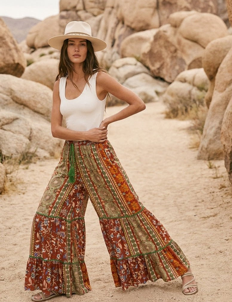 Folk Song Printed Challis Ruffle Bottom Palazzo Pants - Westly