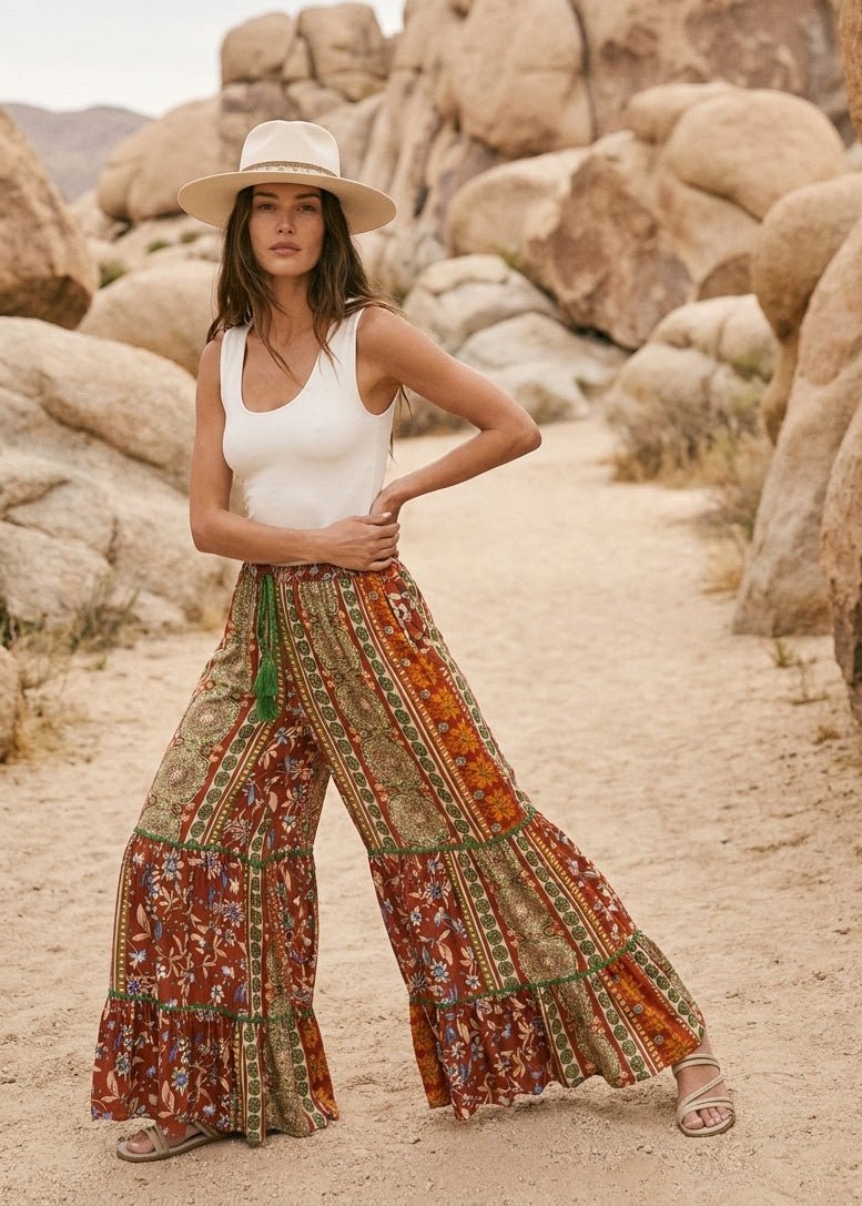 Folk Song Printed Challis Ruffle Bottom Palazzo Pants - Westly