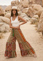 Folk Song Printed Challis Ruffle Bottom Palazzo Pants - Westly