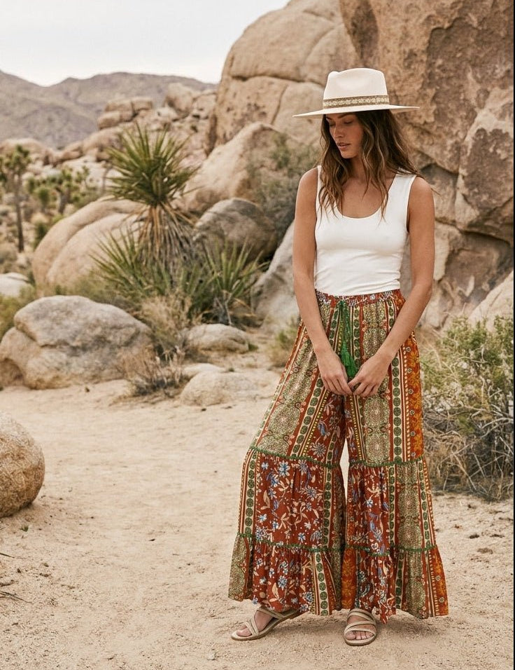 Folk Song Printed Challis Ruffle Bottom Palazzo Pants - Westly
