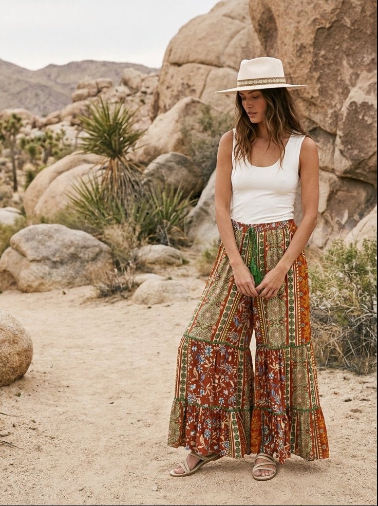 Folk Song Printed Challis Ruffle Bottom Palazzo Pants - Westly