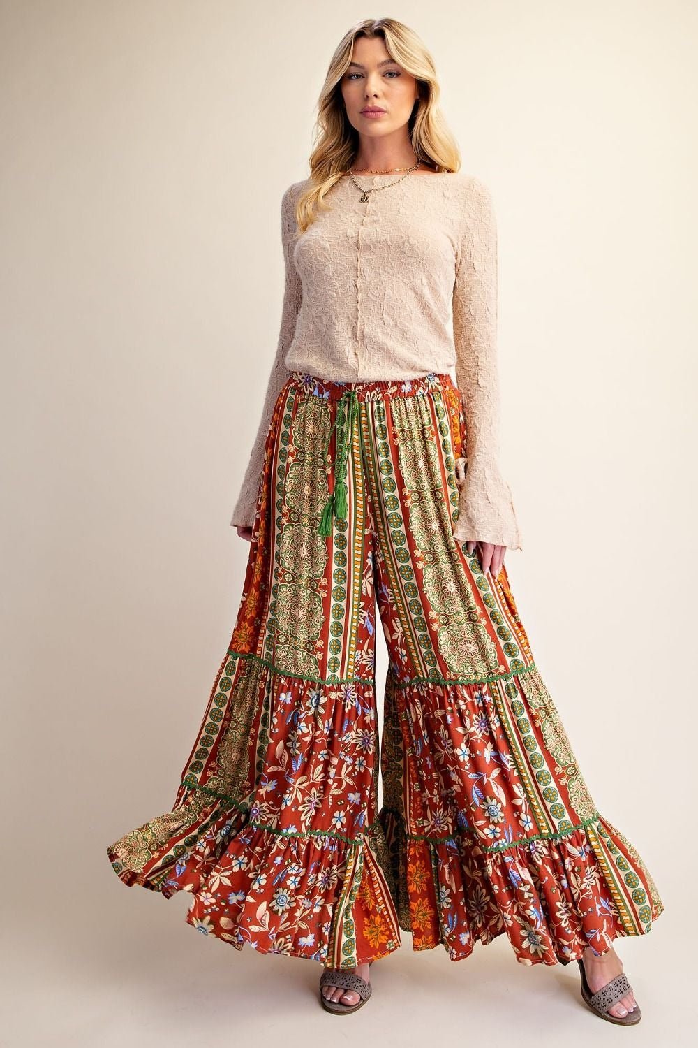 Folk Song Printed Challis Ruffle Bottom Palazzo Pants - Westly