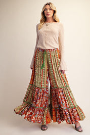 Folk Song Printed Challis Ruffle Bottom Palazzo Pants - Westly