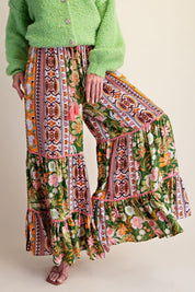 Folk Song Printed Challis Ruffle Bottom Palazzo Pants - Westly