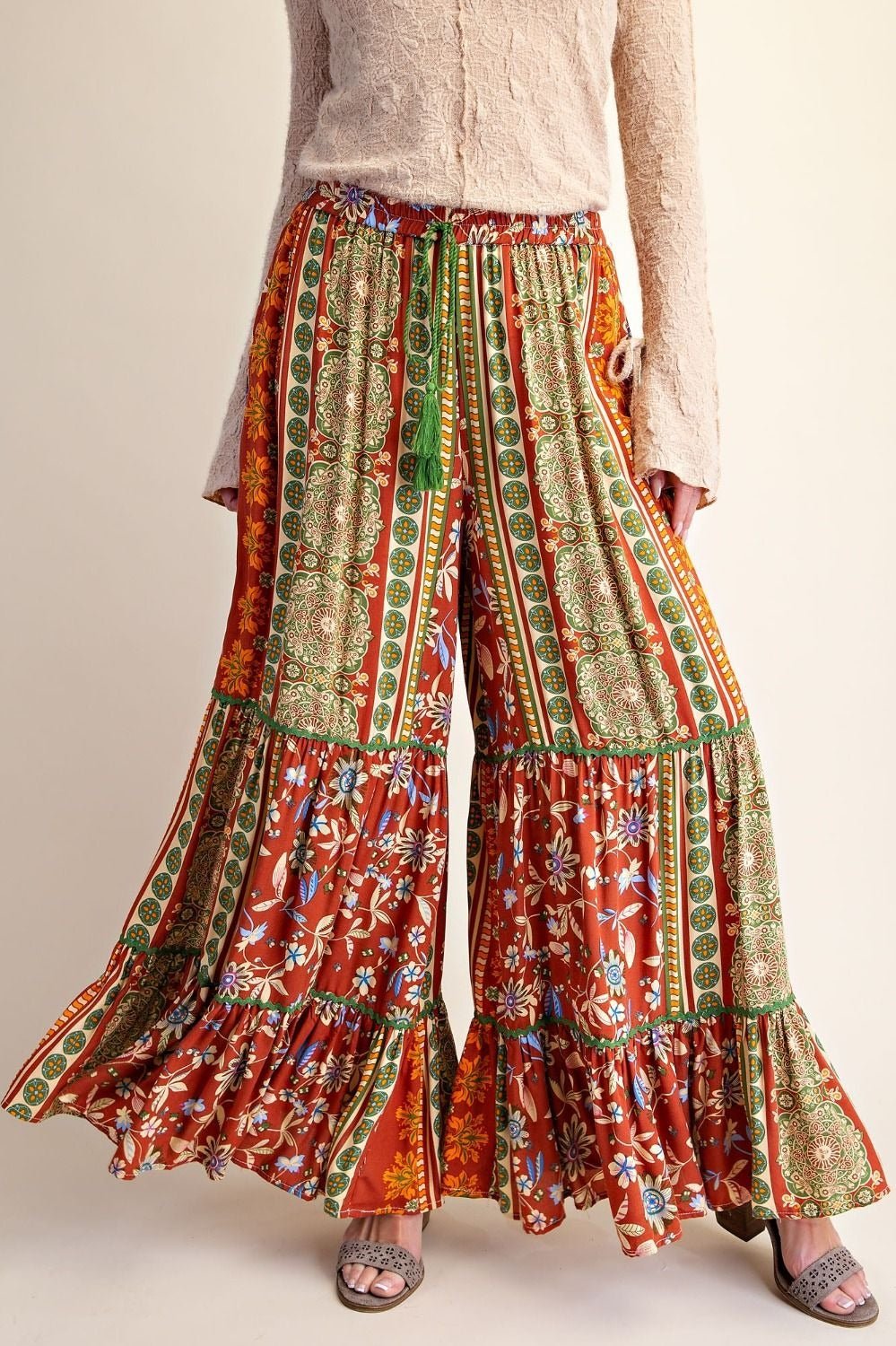 Folk Song Printed Challis Ruffle Bottom Palazzo Pants - Westly