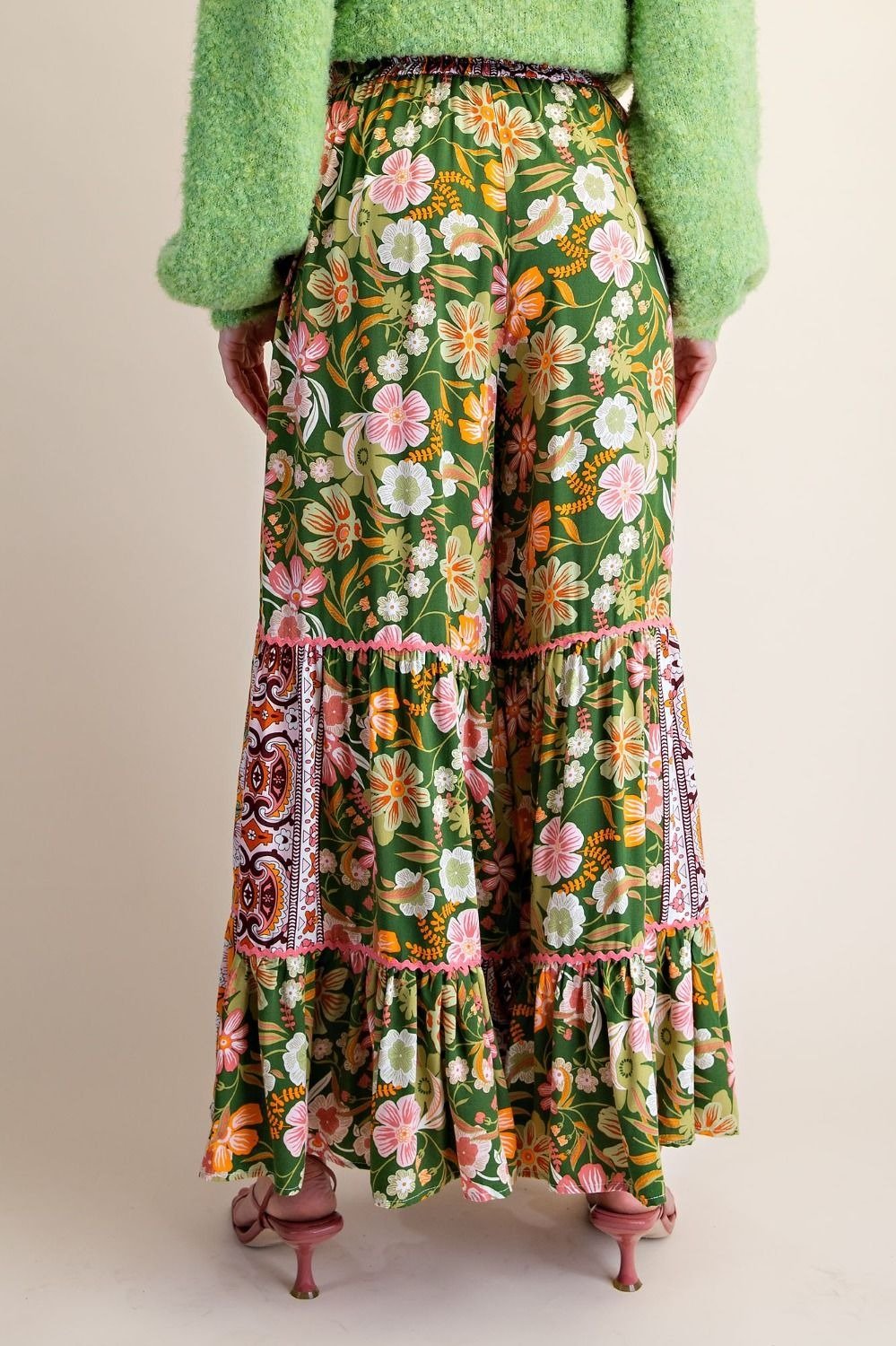 Folk Song Printed Challis Ruffle Bottom Palazzo Pants - Westly