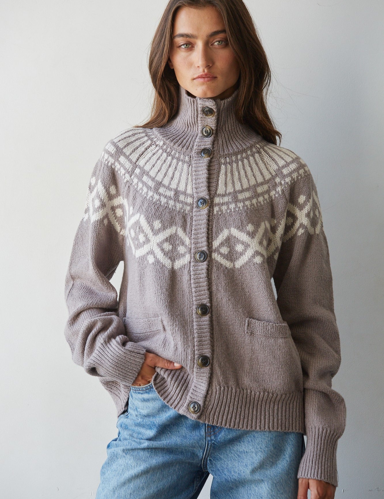 Forest Lodge Collared Fair Isle Cardigan in Dark Heather Mocha - product photo 1