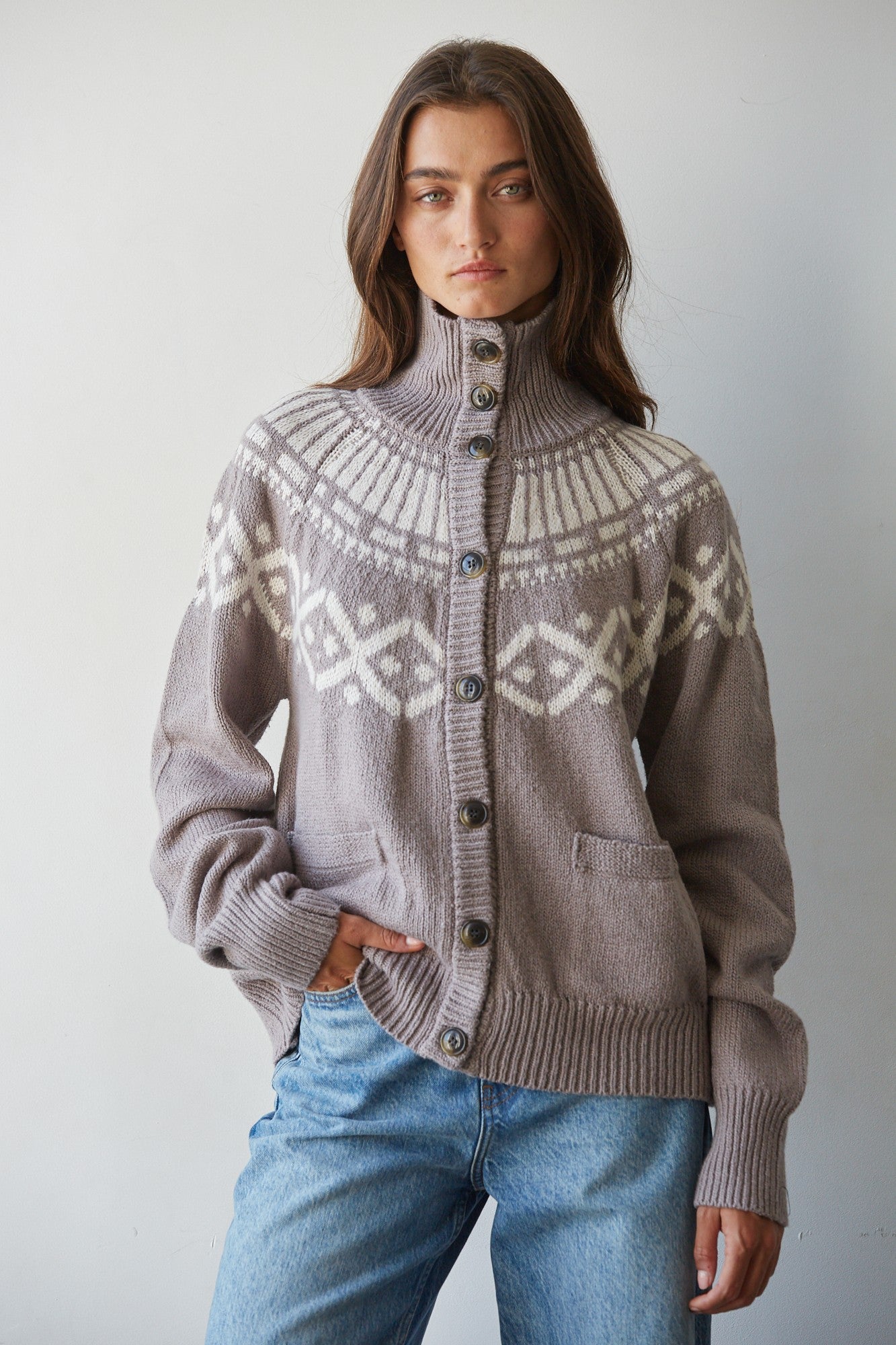 Forest Lodge Collared Fair Isle Cardigan in Dark Heather Mocha - product photo 1