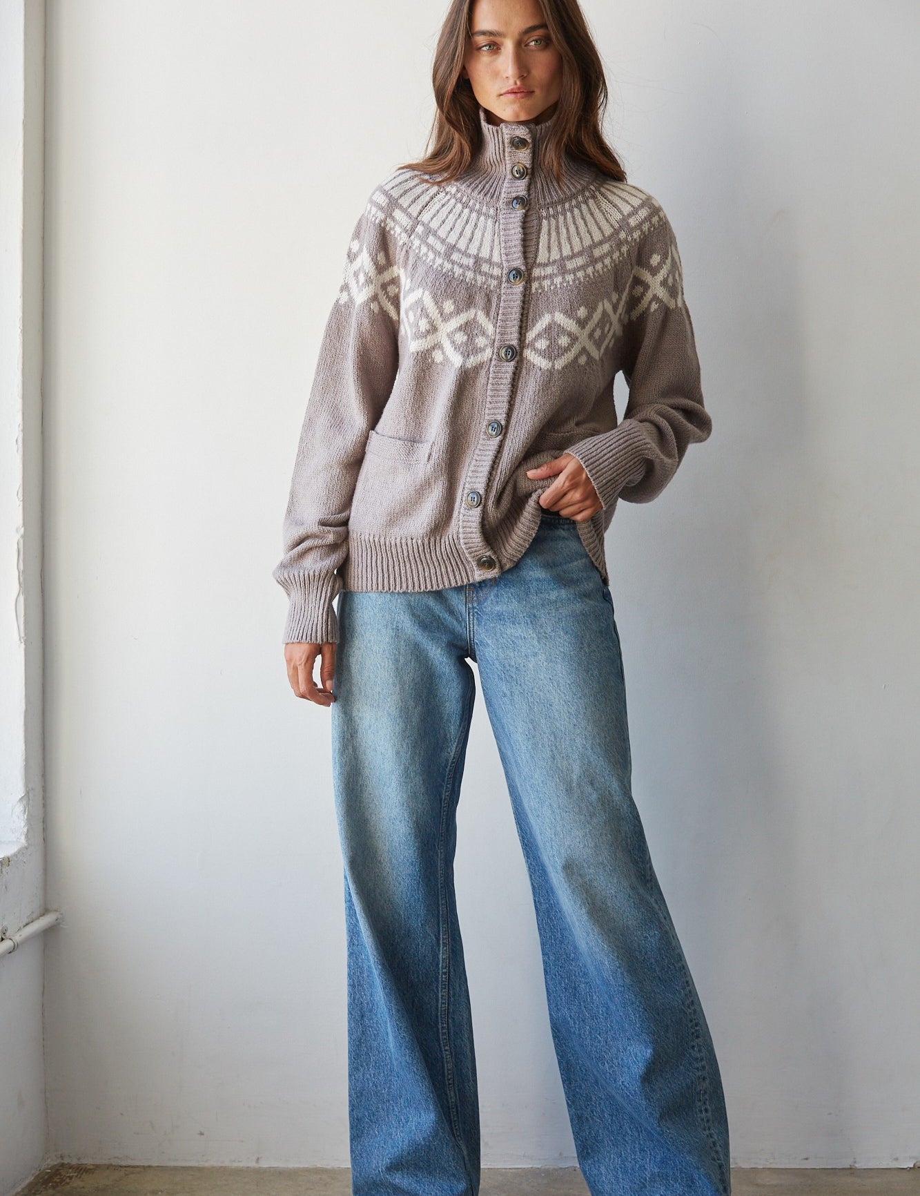 Forest Lodge Collared Fair Isle Cardigan in Dark Heather Mocha - product photo 2