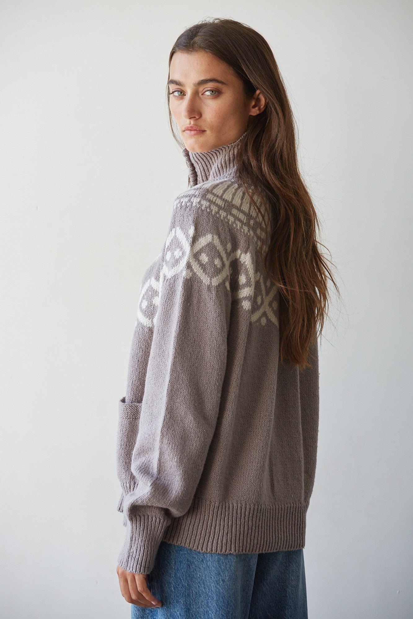 Forest Lodge Collared Fair Isle Cardigan in Dark Heather Mocha - product photo 3