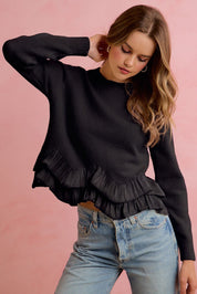 Francesca Ruffle Hem Knit Sweater - Black