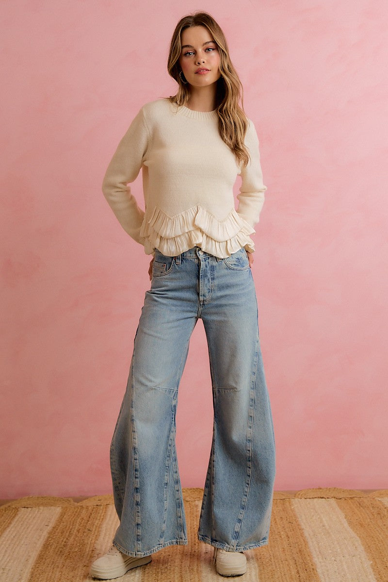 Francesca Ruffle Hem Knit Sweater - Ivory