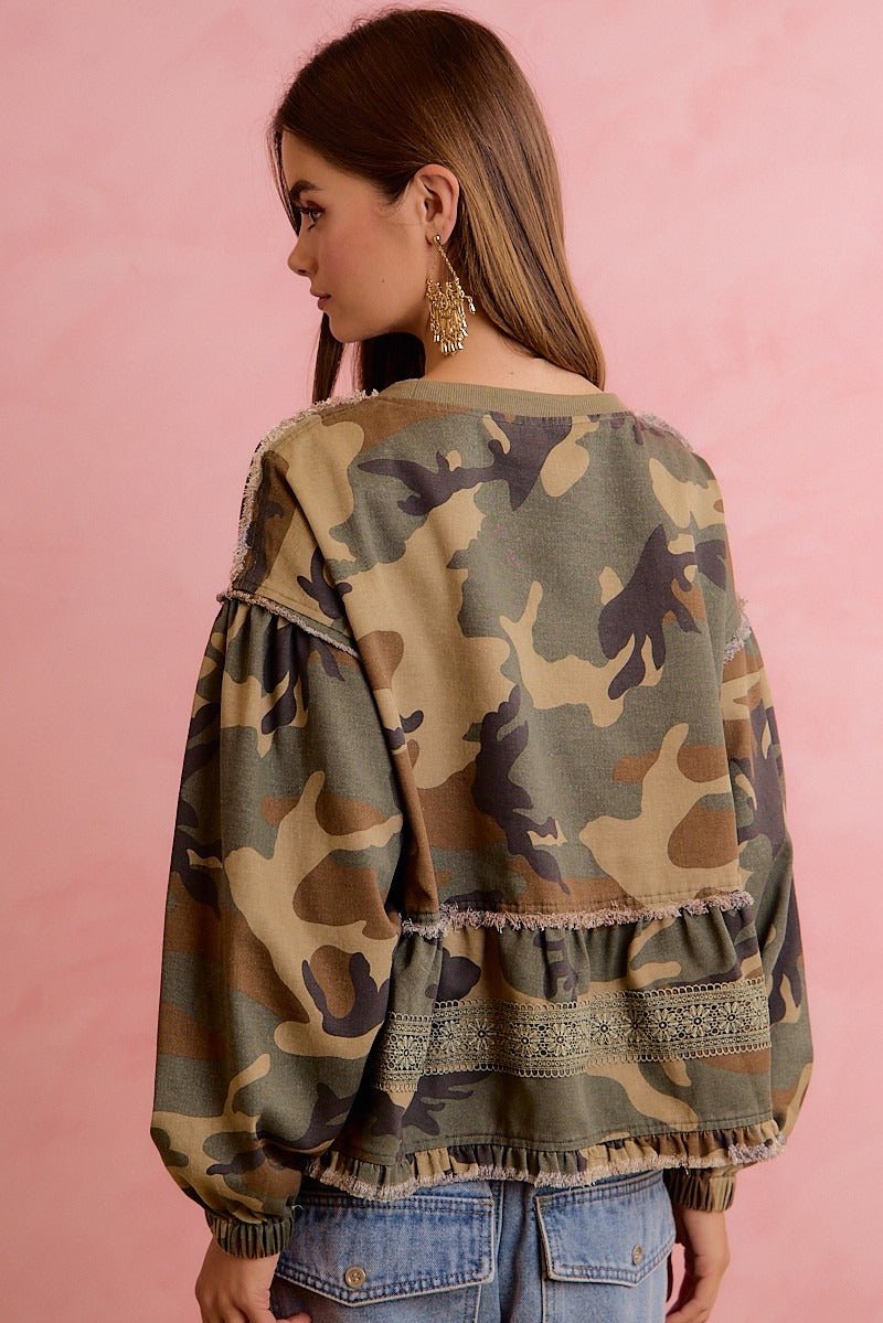 Frontier Camo Print Tiered Ruffle Hem Top - Westly