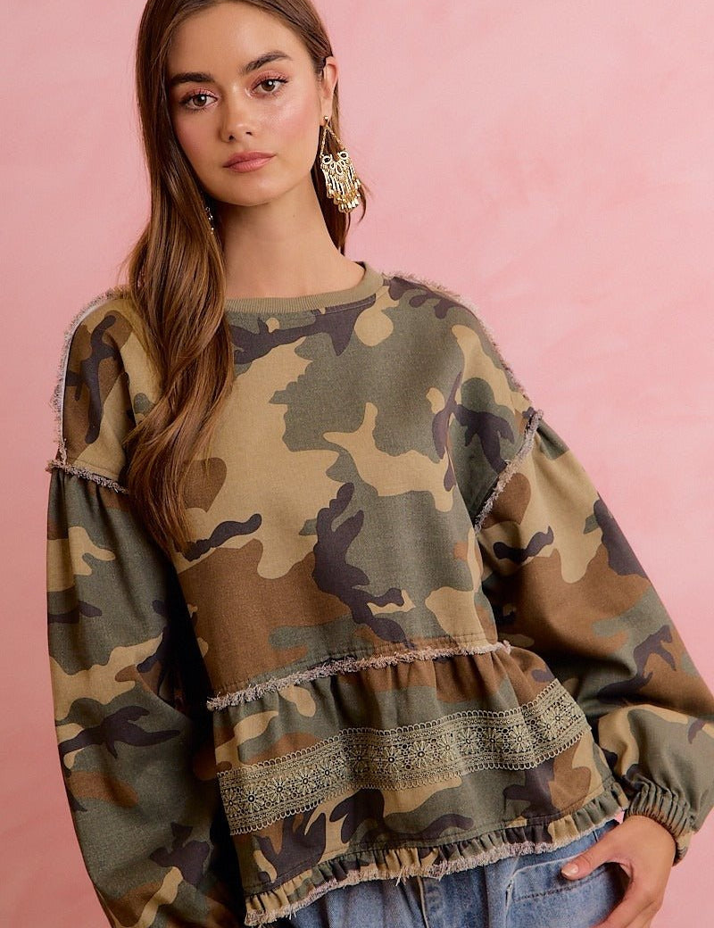 Frontier Camo Print Tiered Ruffle Hem Top - Westly