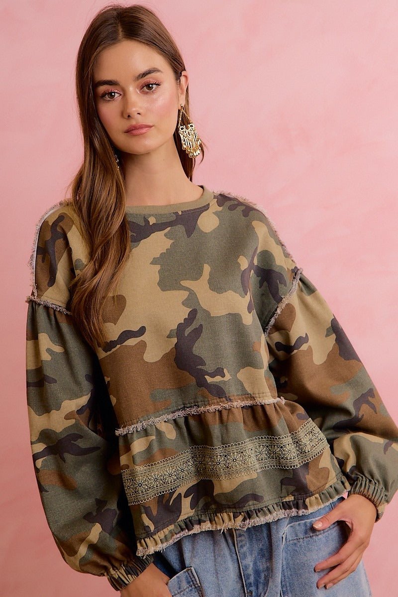 Frontier Camo Print Tiered Ruffle Hem Top - Westly
