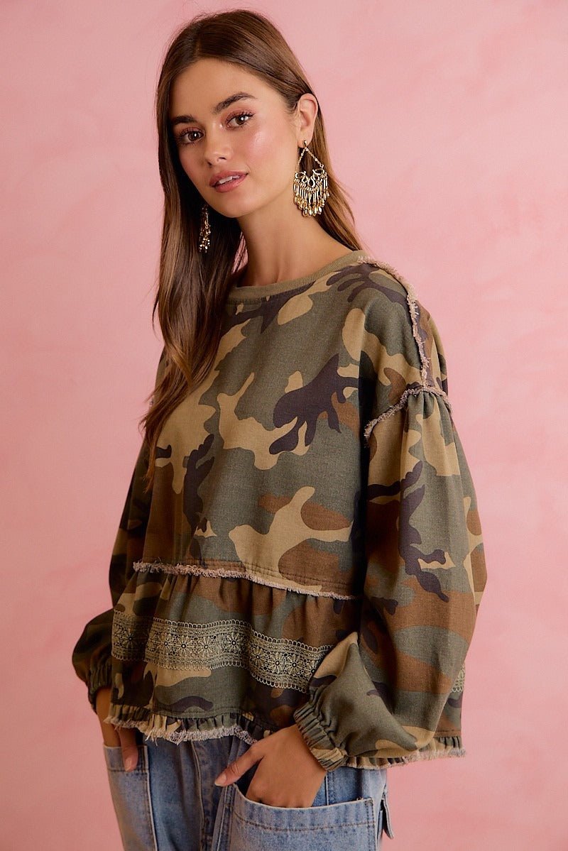 Frontier Camo Print Tiered Ruffle Hem Top - Westly
