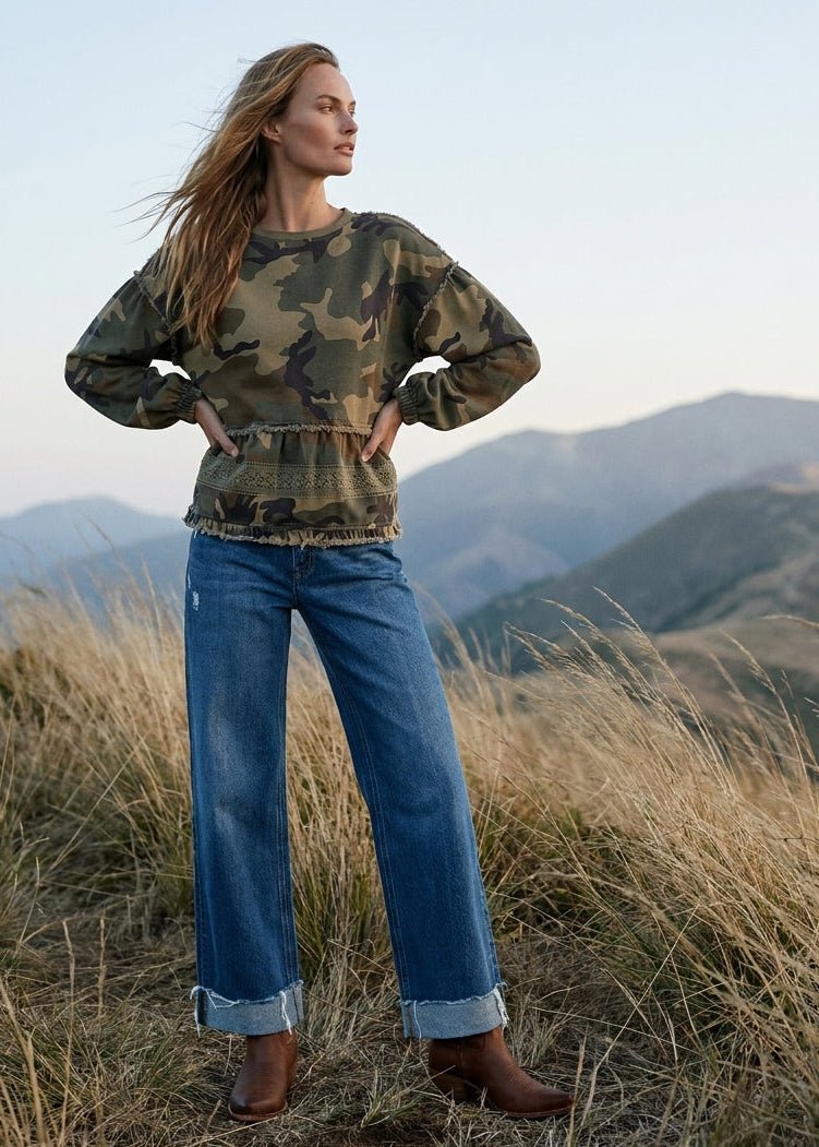 Frontier Camo Print Tiered Ruffle Hem Top - Westly