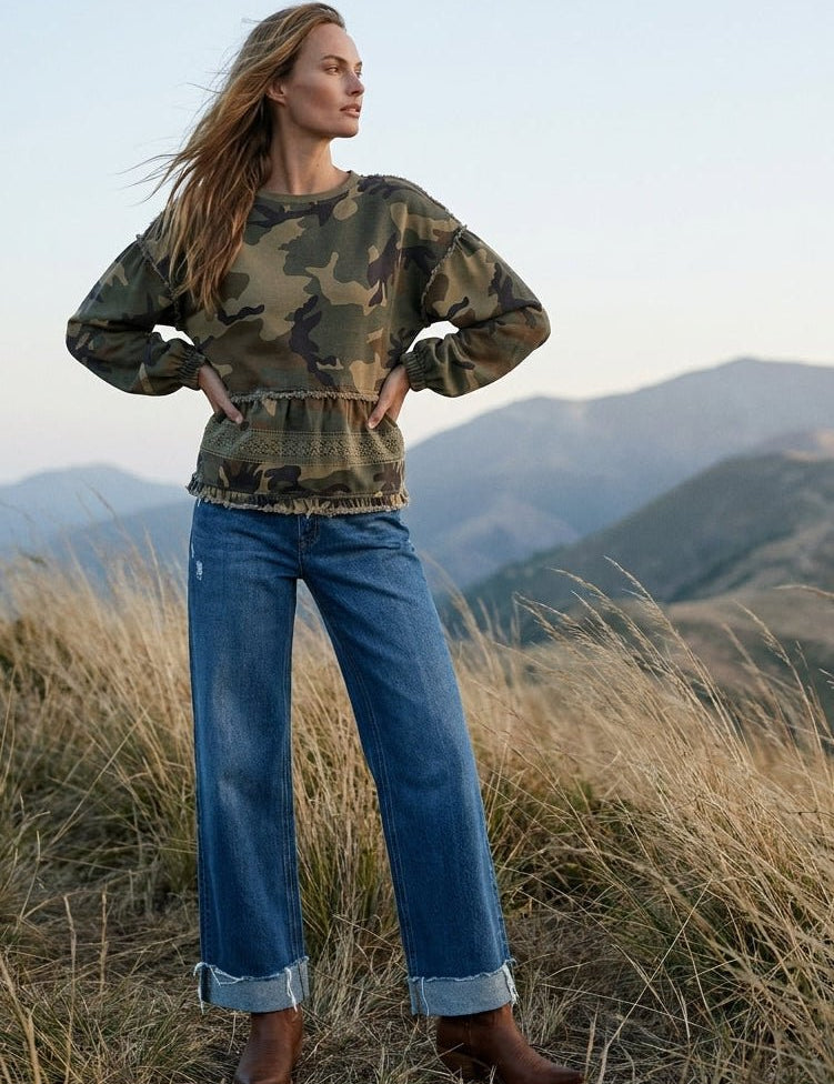 Frontier Camo Print Tiered Ruffle Hem Top - Westly