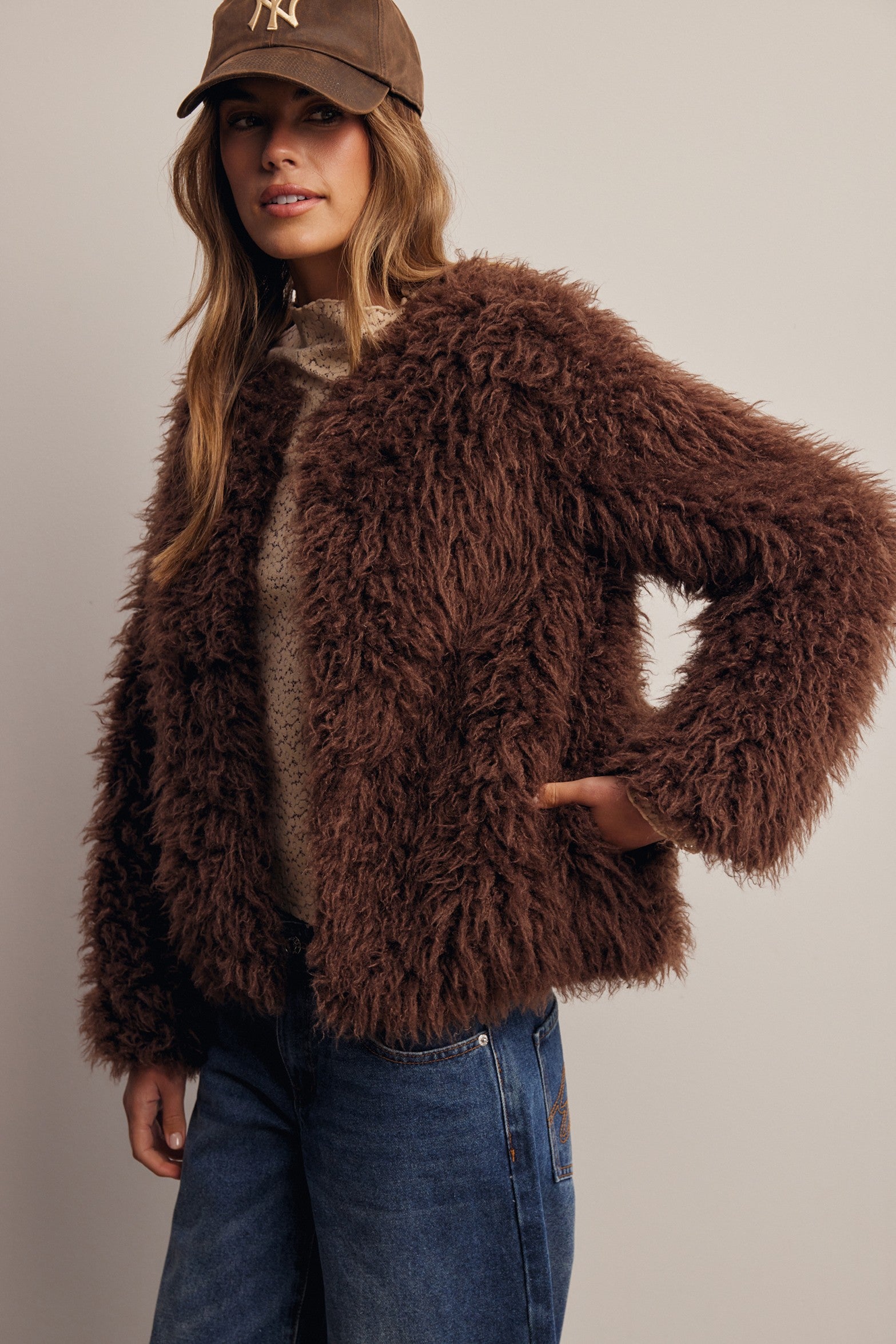 Frostline Shaggy Faux Fur Jacket in Espresso, photo 1