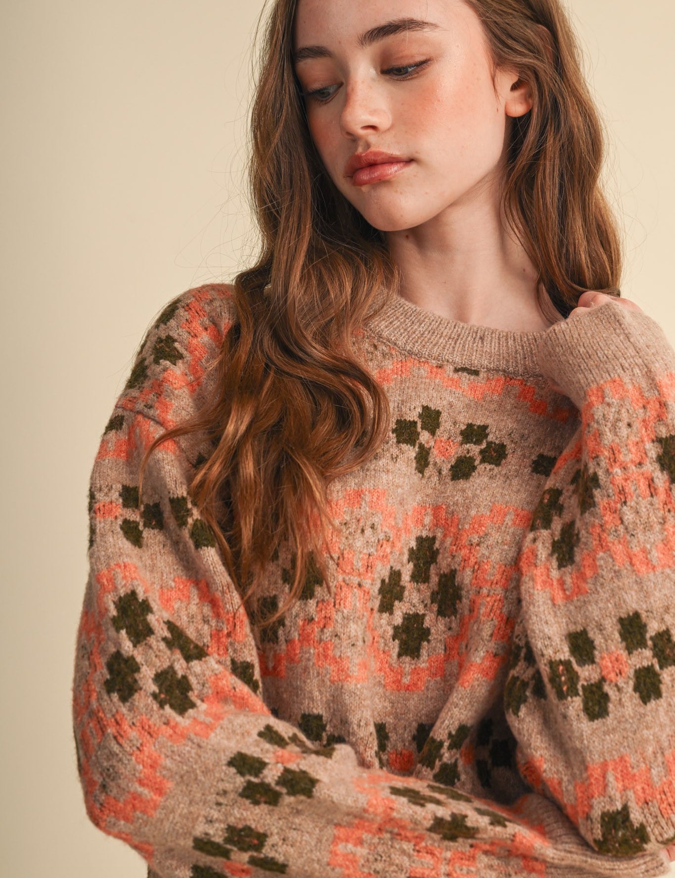 Geometric Bloom Pattern Knit Sweater in Beige Multi - product photo 1