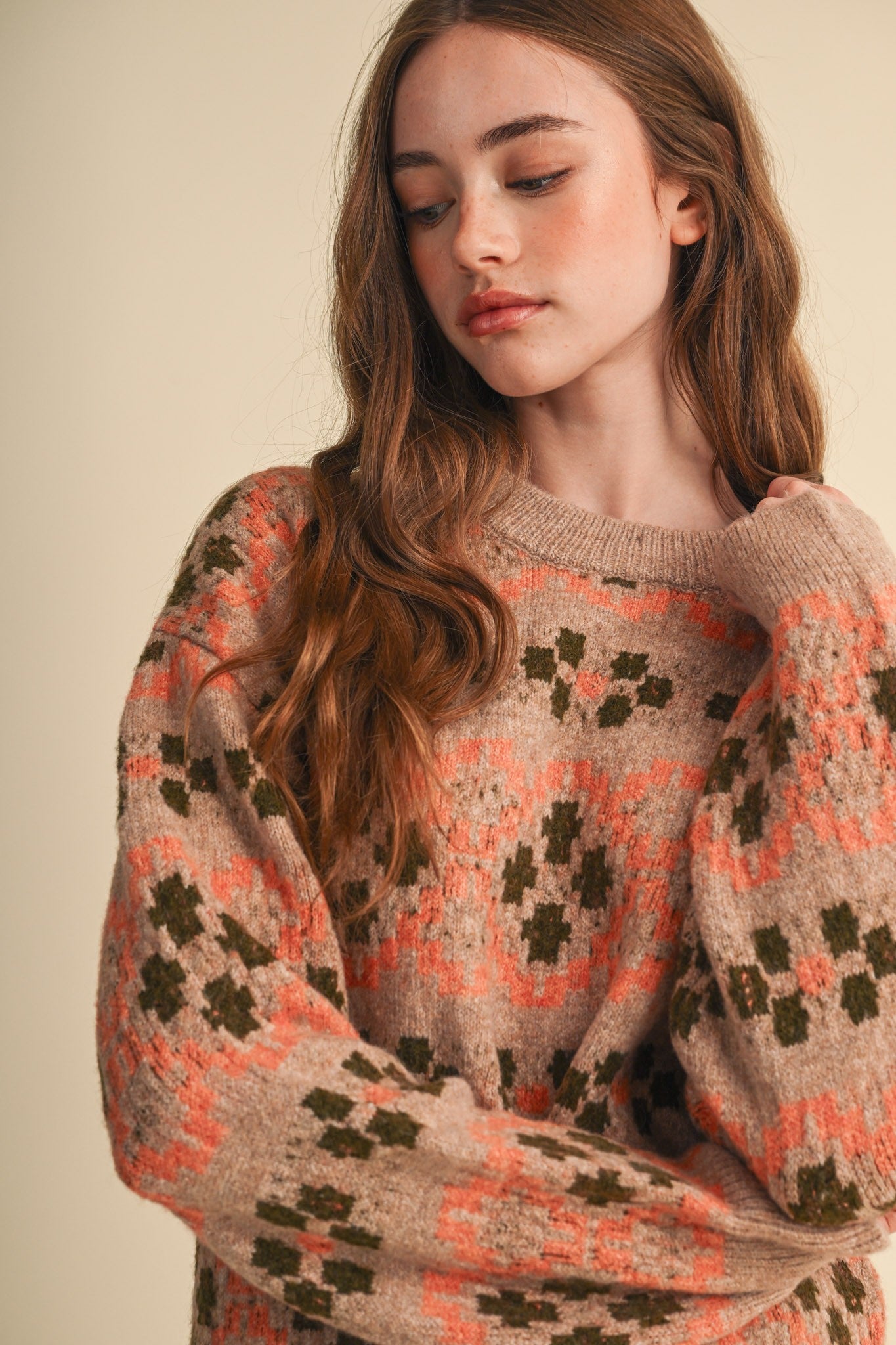 Geometric Bloom Pattern Knit Sweater in Beige Multi - product photo 1