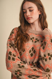 Geometric Bloom Pattern Knit Sweater in Beige Multi - product photo 1