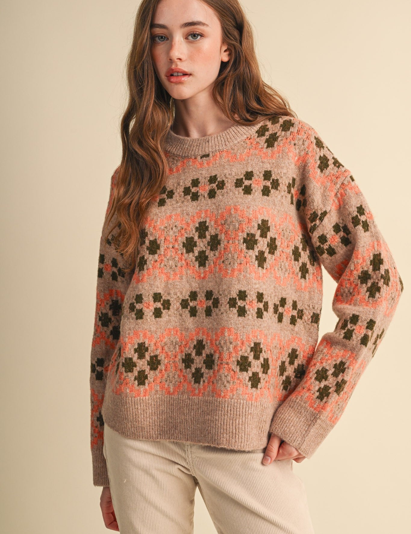Geometric Bloom Pattern Knit Sweater in Beige Multi - product photo 2