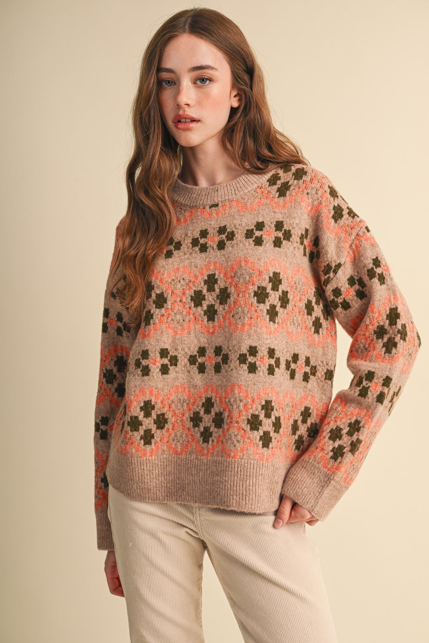 Geometric Bloom Pattern Knit Sweater in Beige Multi - product photo 2