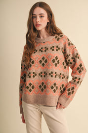 Geometric Bloom Pattern Knit Sweater in Beige Multi - product photo 2