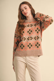 Geometric Bloom Pattern Knit Sweater in Beige Multi - product photo 3