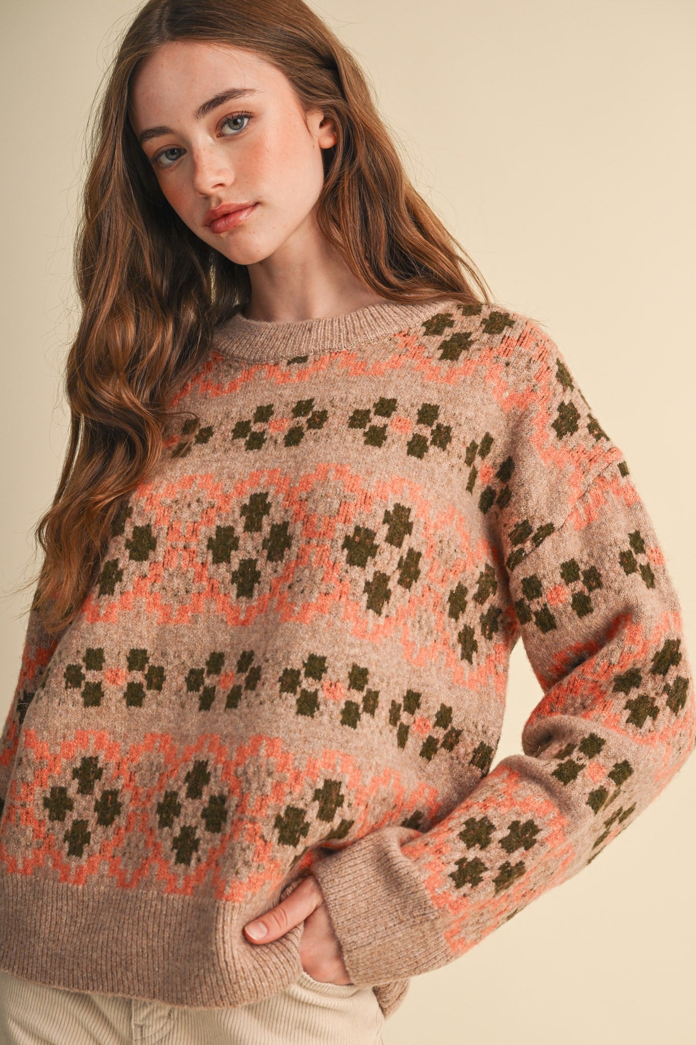 Geometric Bloom Pattern Knit Sweater in Beige Multi - product photo 4