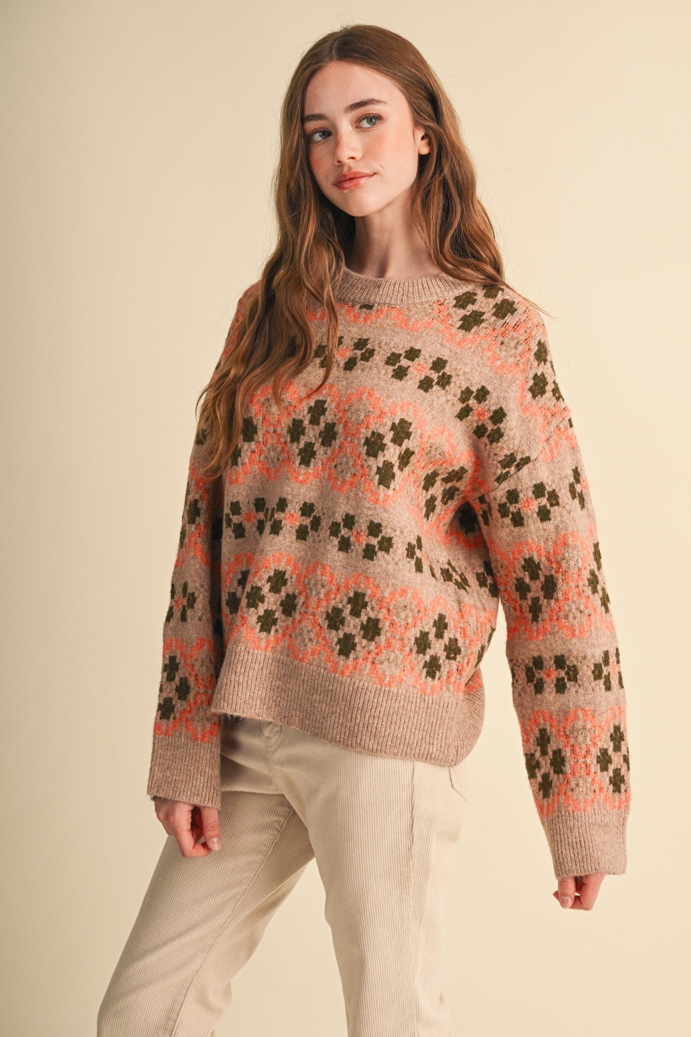 Geometric Bloom Pattern Knit Sweater in Beige Multi - product photo 5