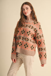 Geometric Bloom Pattern Knit Sweater in Beige Multi - product photo 5