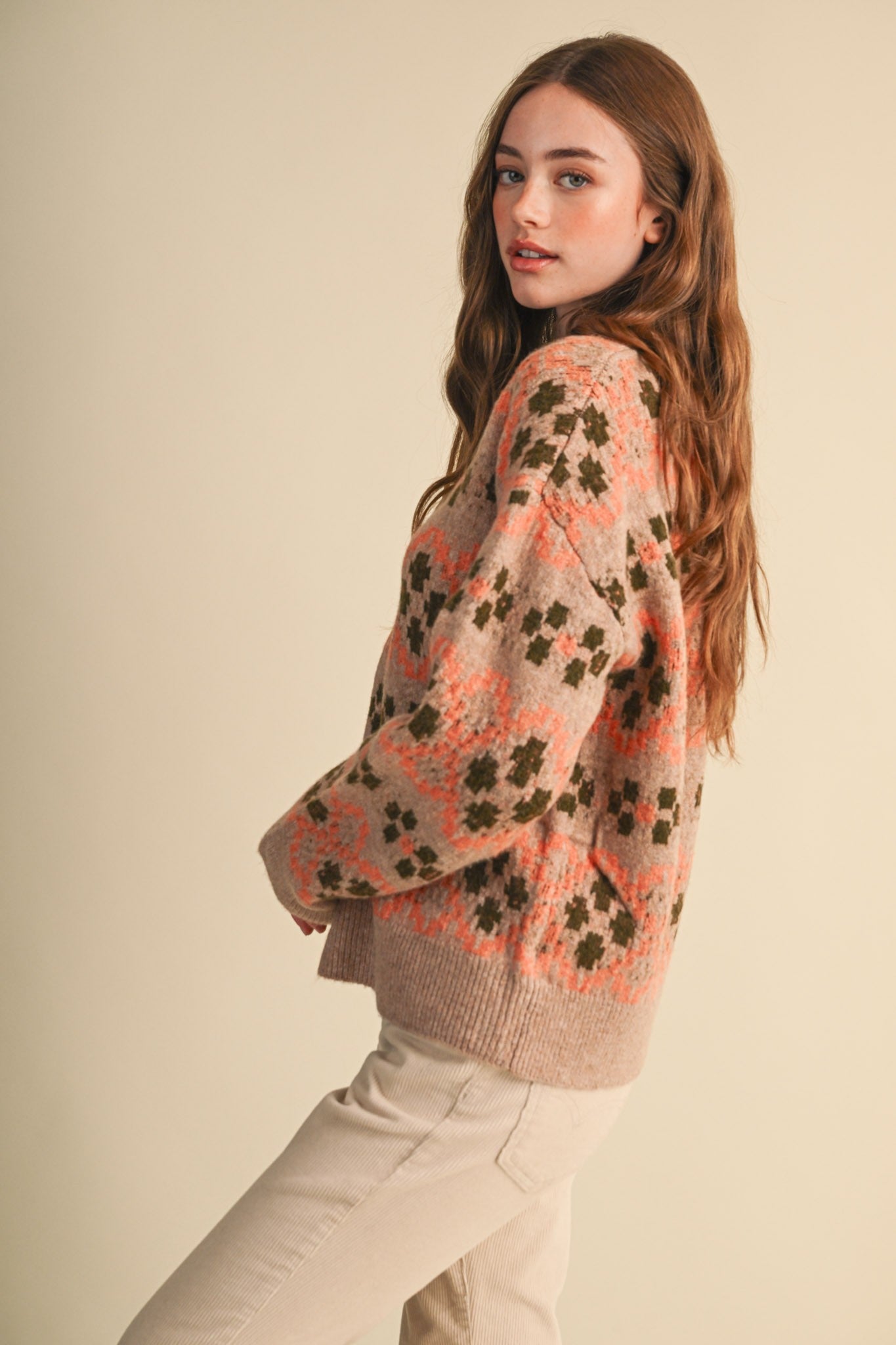 Geometric Bloom Pattern Knit Sweater in Beige Multi - product photo 7