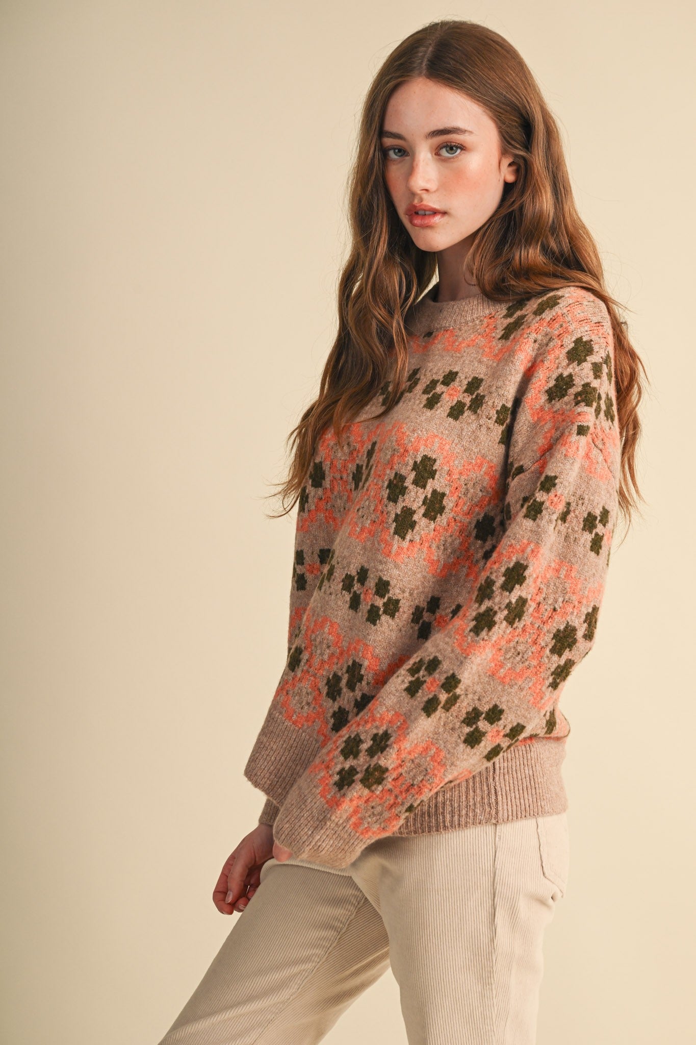 Geometric Bloom Pattern Knit Sweater in Beige Multi - product photo 8