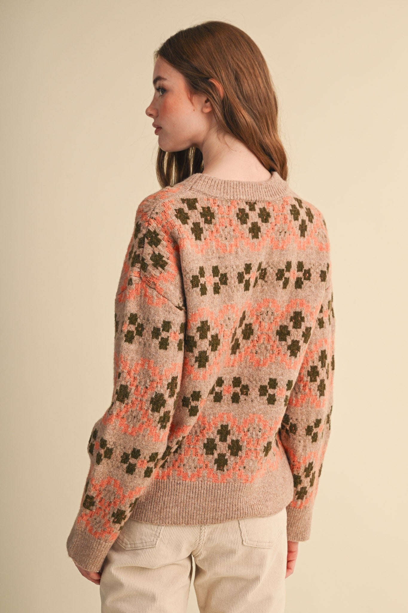 Geometric Bloom Pattern Knit Sweater in Beige Multi - product photo 9