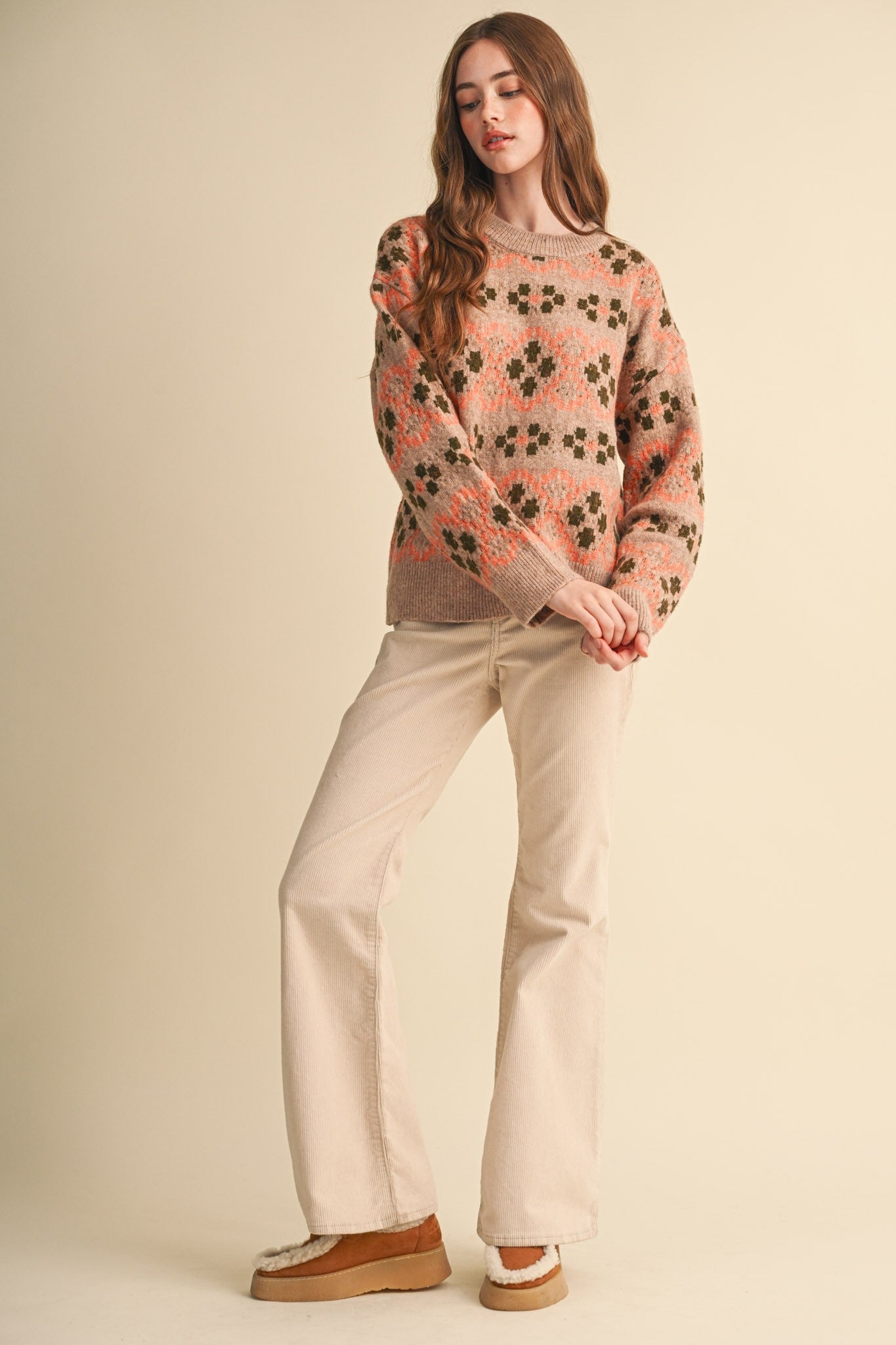 Geometric Bloom Pattern Knit Sweater in Beige Multi - product photo 10