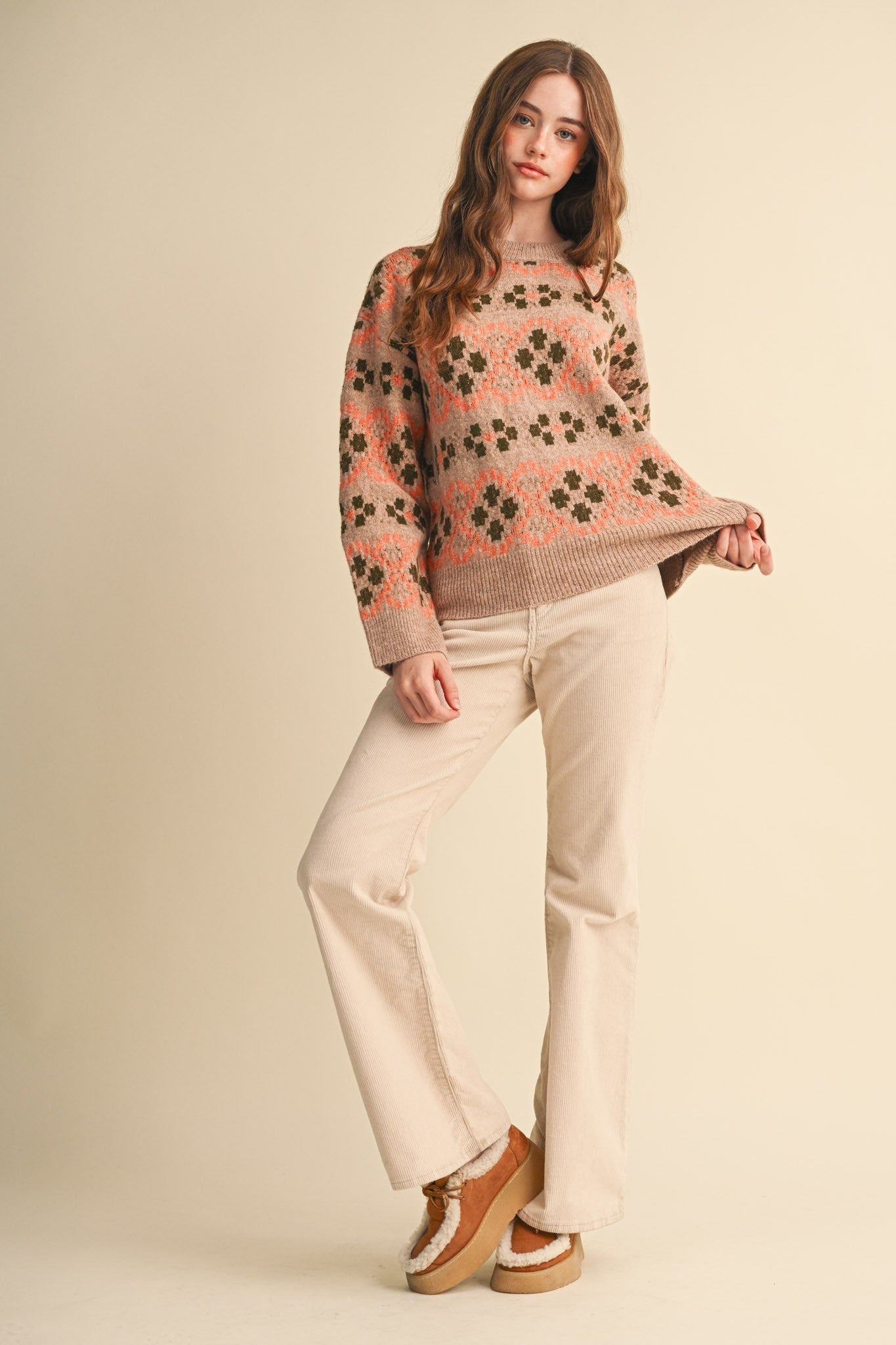 Geometric Bloom Pattern Knit Sweater in Beige Multi - product photo 11