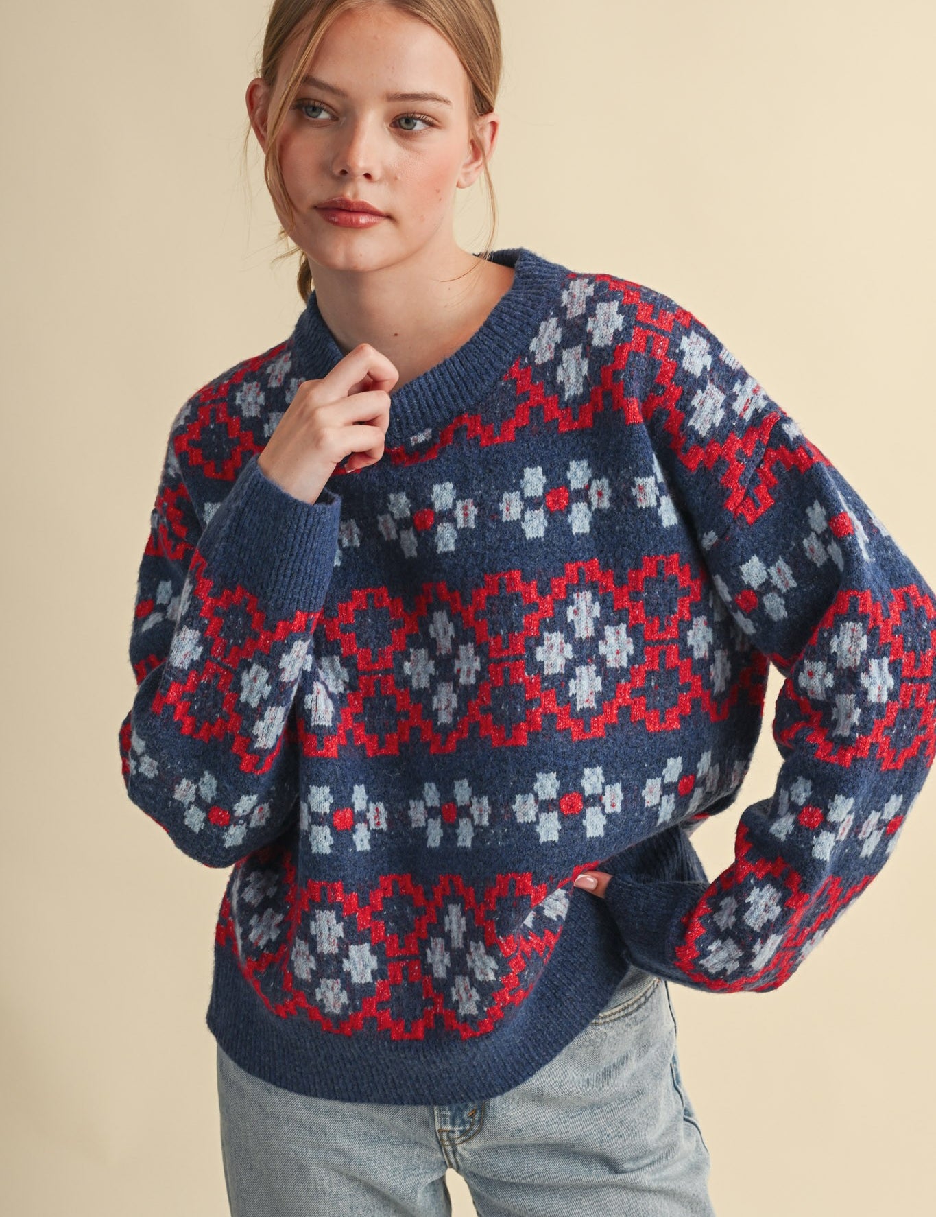 Geometric Bloom Pattern Knit Sweater in Blueberry Multi - product photo 1