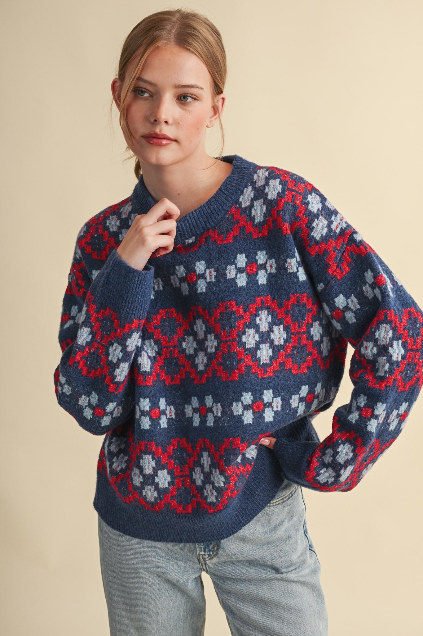 Geometric Bloom Pattern Knit Sweater in Blueberry Multi - product photo 1