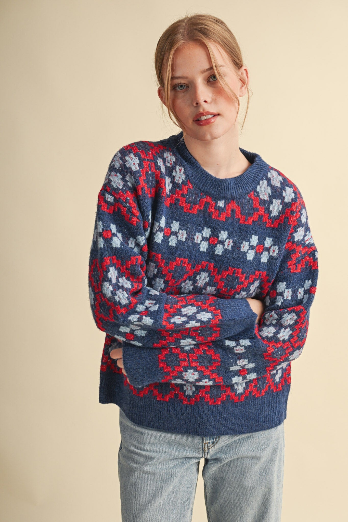 Geometric Bloom Pattern Knit Sweater in Blueberry Multi - product photo 2