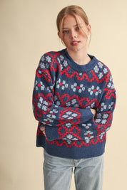 Geometric Bloom Pattern Knit Sweater in Blueberry Multi - product photo 2