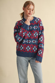 Geometric Bloom Pattern Knit Sweater in Blueberry Multi - product photo 3