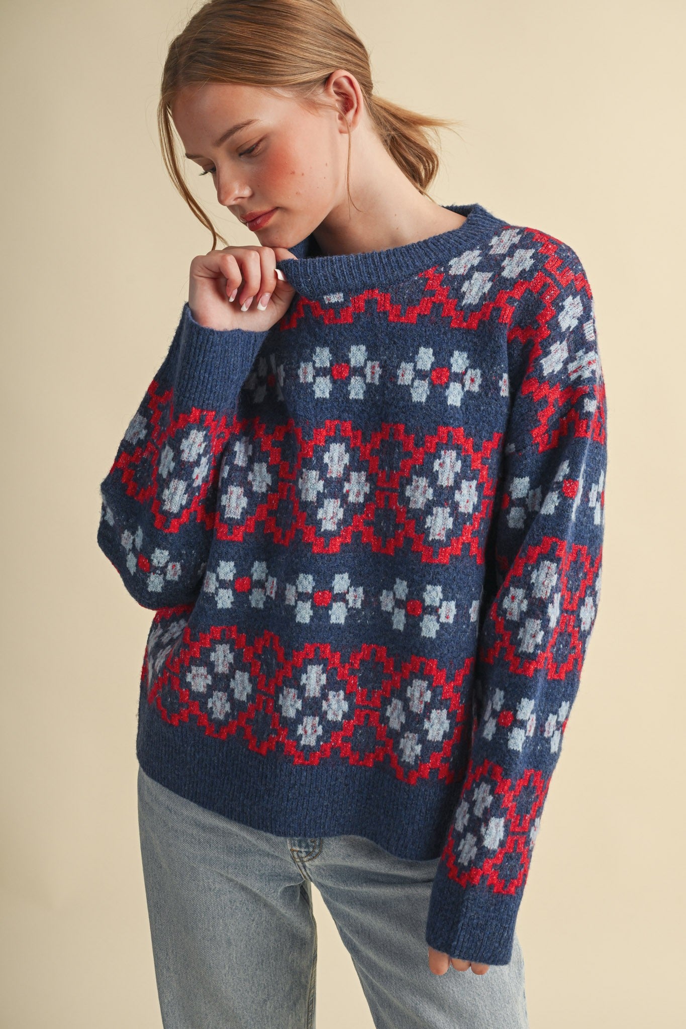 Geometric Bloom Pattern Knit Sweater in Blueberry Multi - product photo 4