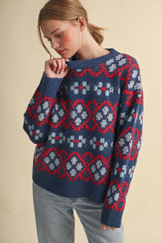 Geometric Bloom Pattern Knit Sweater in Blueberry Multi - product photo 4