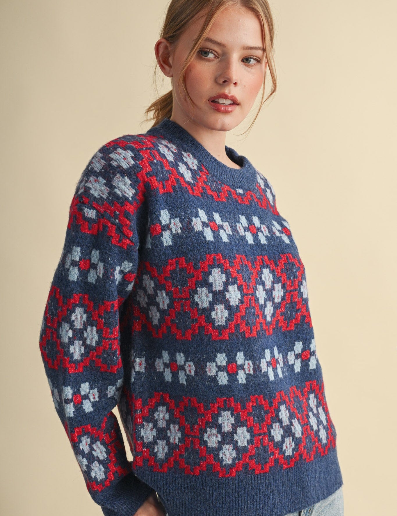 Geometric Bloom Pattern Knit Sweater in Blueberry Multi - product photo 5