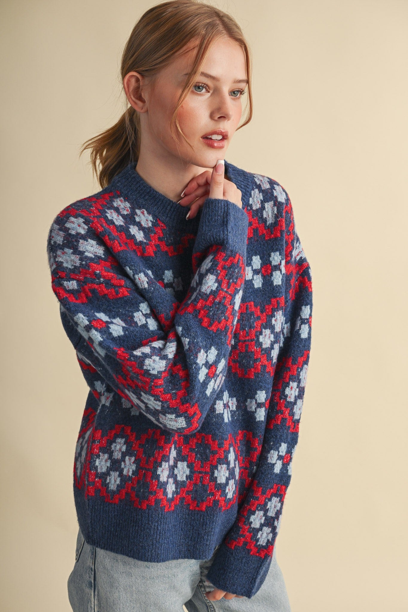 Geometric Bloom Pattern Knit Sweater in Blueberry Multi - product photo 6