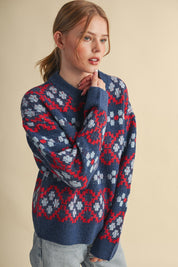 Geometric Bloom Pattern Knit Sweater in Blueberry Multi - product photo 6