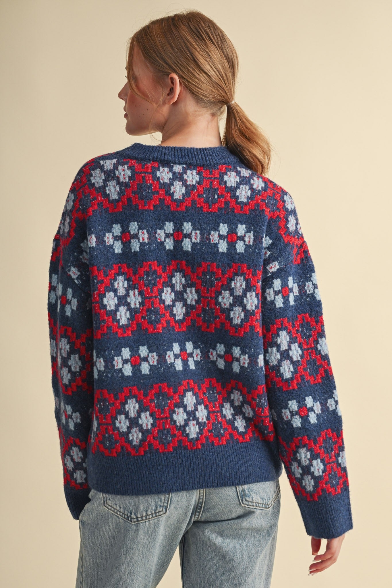 Geometric Bloom Pattern Knit Sweater in Blueberry Multi - product photo 7